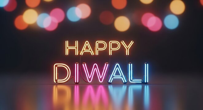 Happy diwali neon sign with bokeh lights, a festive and modern greeting for the festival of lights - Powered by Adobe
