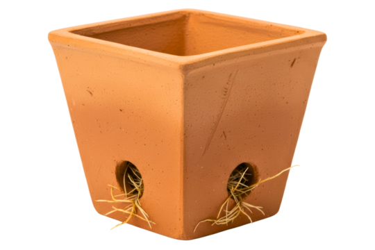 Square terracotta orchid pot with drainage holes and roots isolated on a transparent background