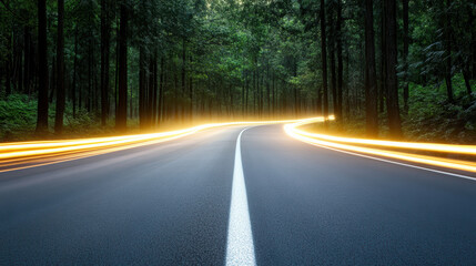 Fototapeta premium Curving road surrounded by lush trees, with light streaks from passing vehicles creating dynamic