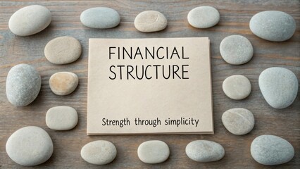 Financial Structure Concept with Smooth Stones and Simple Card on Wooden Surface for Business and Finance Themes