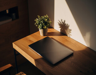 Minimal workspace with closed laptop and potted plant in warm sunlight
