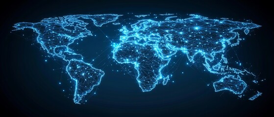 Glowing digital world map with blue lights high resolution photo
