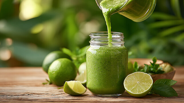 A fresh green smoothie poured into a glass jar, representing detox, morning vitality, and nutritional balance