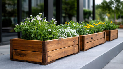Wooden garden boxes filled with vibrant flowering herbs create lively urban scene