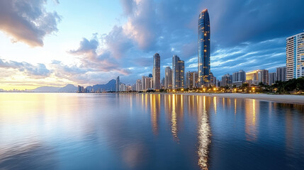 Naklejka premium Cinematic city skyline twilight reflecting river, showcasing modern architecture and serene