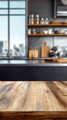 Rustic wooden table with a blurred modern kitchen backdrop and city view from window