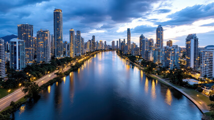 Fototapeta premium City skyline at twilight reflecting on river, showcasing urban beauty and tranquility