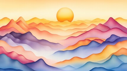 Watercolor Mountain Range with Sun at Horizon at Sunrise in Warm Tones Background Sky Gradient with Yellow Orange Purple and Blue Tranquil and Peaceful Atmosphere