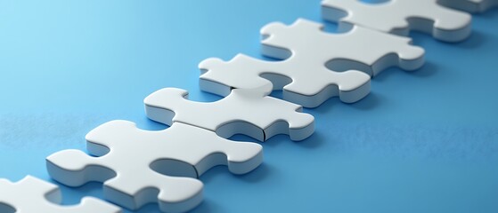 White puzzle pieces in a row on blue background high resolution photo