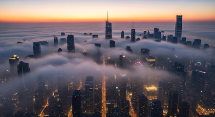 Obraz premium Majestic urban landscape showing skyscrapers floating on a sea of fog during a beautiful golden hour sunrise