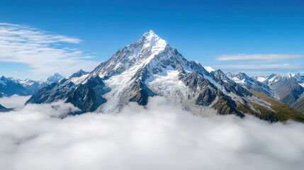 Obraz premium Majestic mountain peak surrounded by clouds, showcasing stunning natural beauty and tranquility