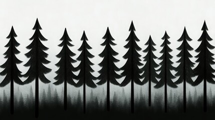 Monochrome Illustration of Dense Evergreen Trees in Forest Landscape Design