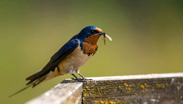A small, colorful bird perched on wood, holding an insect in its beak