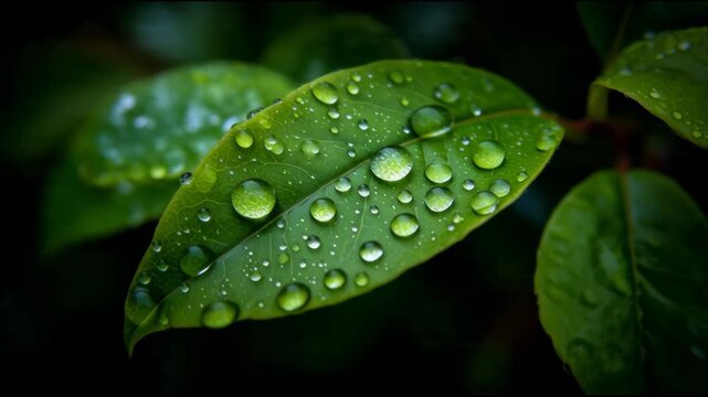 Macro shot of vibrant green leaf texture covered in fresh rain or morning dew drops, highlighting nature's purity and moisture.
