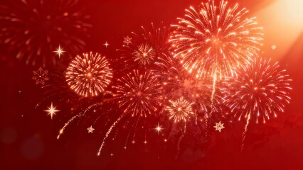 Vibrant red fireworks burst in a dazzling display against a deep crimson sky, creating a festive and celebratory atmosphere.