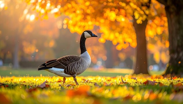 A solitary goose strides through a sunlit autumnal park scene