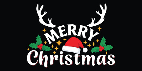 Festive Christmas greeting with reindeer antlers, Santa hat, holly, and stars, perfect for holiday cards, social media, and seasonal promotions