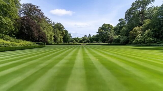 Perfectly mowed green lawn with stripes and lush trees under blue sky on a sunny day
