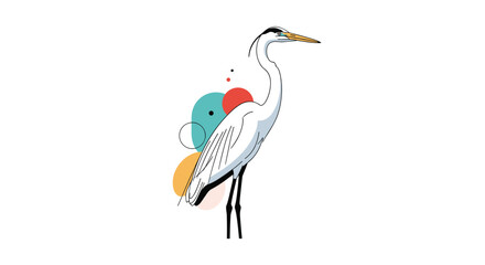 Fototapeta premium Stylized illustration of a white heron standing amidst colorful abstract circles and dots.