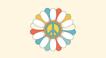 Retro daisy flower with peace symbol in the center on a pastel background.