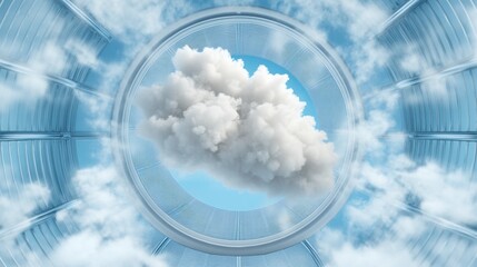 Fluffy White Cloud Against Blue Sky Seen Through Circular Window Frame Creating an Illusion of Tunnel With Dreamy Effect and Clean Environment