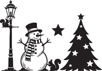 Festive Christmas scene with snowman, stars, squirrels, and a decorated tree ready for holiday cheer and winter wonderland celebrations