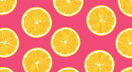 Fototapeta premium Seamless pattern of bright yellow lemon slices on a vibrant pink background.