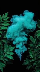 Dramatic Teal Smoke Plume Framed by Lush Green Leaves on Black Background Creates an Abstract Composition for Modern Design Projects