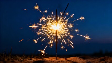 Obraz premium A dazzling firework bursts with bright sparks against a dark night sky, illuminating the sandy ground below.