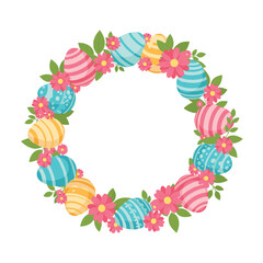 A vibrant circular wreath composed of beautifully decorated Easter eggs, cheerful pink flowers, and fresh green leaves, symbolizing spring festivities.