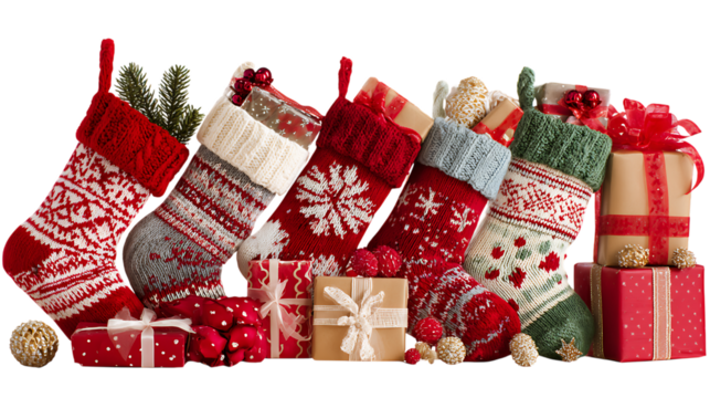christmas sock with gifts on a white background