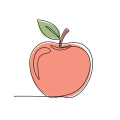 Simple continuous line art illustration of a ripe red apple with a green leaf and stem on a clean white background.