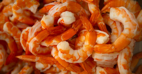 Boiled shrimp closeup gourmet texture. Orange seafood ingredient for dishes. Healthy protein...