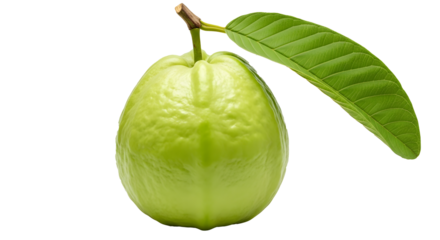 Ripe Guava Fruit with Leaf on Transparent Background, Fresh Green Guava Illustration, Single Tropical Guava Cutout, Realistic Guava Fruit Mockup, Bright Lime-Green Guava with Stem and Leaf