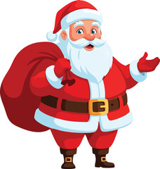Cartoon santa claus with a red hat and suit holding a large sack and gesturing with his hand out wide