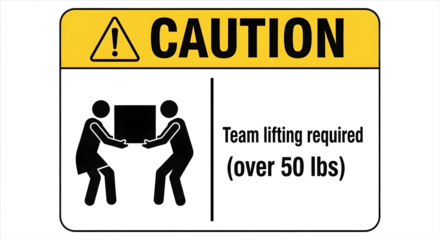 Caution Team Lifting Sign on Transparent Background, Heavy Object Lifting Warning Graphic, Workplace Safety Team Lift Warning Illustration, Over 50 lbs Manual Handling Sign Mockup, Black and Yellow 