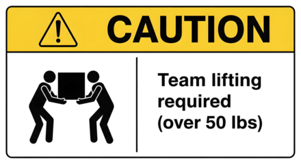 Caution Team Lifting Sign on Transparent Background, Heavy Object Lifting Warning Graphic, Workplace Safety Team Lift Warning Illustration, Over 50 lbs Manual Handling Sign Mockup, Black and Yellow 