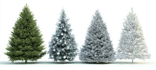 The Christmas trees in different styles and decorations on white background