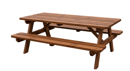 Brown Wooden Picnic Table with Bench on Transparent Background, Rustic Outdoor Table and Bench Set Illustration, Rectangular Wood Picnic Furniture Cutout, Dark Brown Plank Table and Bench Mockup, Isol