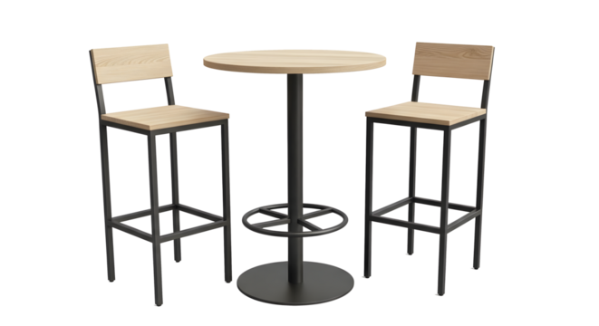 Round Bar Table with Two Matching Stools on Transparent Background, Modern Industrial Bar Furniture Set Mockup, Light Wood and Dark Metal Table and Stool Illustration, Contemporary Bar Seating Cutout,