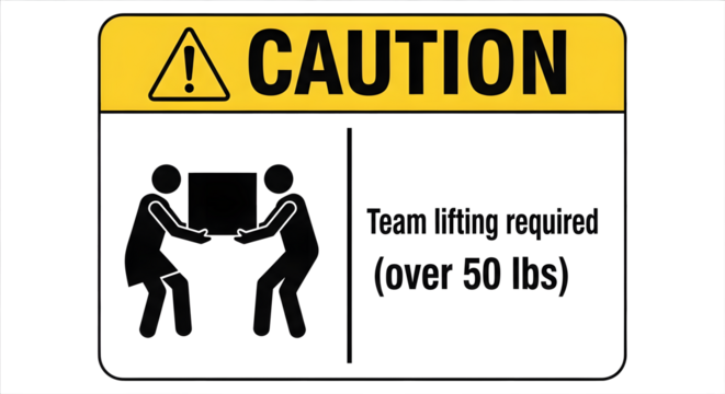 Caution Team Lifting Sign on Transparent Background, Heavy Object Lifting Warning Graphic, Workplace Safety Team Lift Warning Illustration, Over 50 lbs Manual Handling Sign Mockup, Black and Yellow 