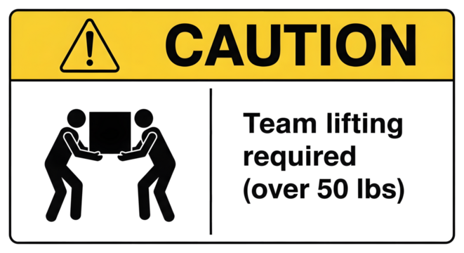 Caution Team Lifting Sign on Transparent Background, Heavy Object Lifting Warning Graphic, Workplace Safety Team Lift Warning Illustration, Over 50 lbs Manual Handling Sign Mockup, Black and Yellow 