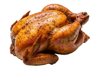 Appetizing Golden Roasted Chicken with Crispy Skin and Black Pepper Seasoning, prepared for a festive dinner or holiday meal, isolated on transparent background.