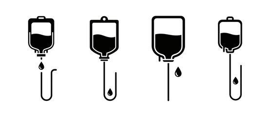 Four black and white illustrations of intravenous drip bags, depicting medical procedures.