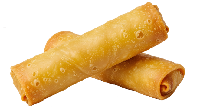 Two Golden-Brown Spring Rolls on Transparent Background, Crispy Fried Egg Rolls Illustration, Deep-Fried Spring Roll Cutout Graphic, Realistic Asian Appetizer Mockup, Golden Crispy Roll Food Image