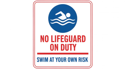 No Lifeguard on Duty Warning Sign on Transparent Background, Swim at Your Own Risk Pool Safety Graphic, Vertical Blue and Red Swimming Warning Sign Illustration, Isolated Lifeguard Absence Safety Sign