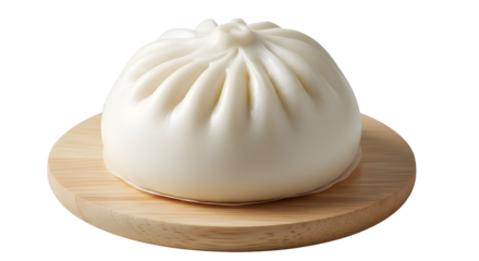 Steamed Chinese Bun on Wooden Coaster on Transparent Background, Fresh Baozi Illustration, Plump White Bao Cutout Graphic, Soft Glossy Bao on Round Wood Mockup, Isolated Chinese Steamed Bun Digital 