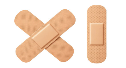 Two Crossed and Single Adhesive Bandages on Transparent Background, Realistic Beige Band-Aids Illustration, Medical Wound Care Bandage Cutout Graphic, Soft Fabric Bandages Mockup, Isolated First Aid