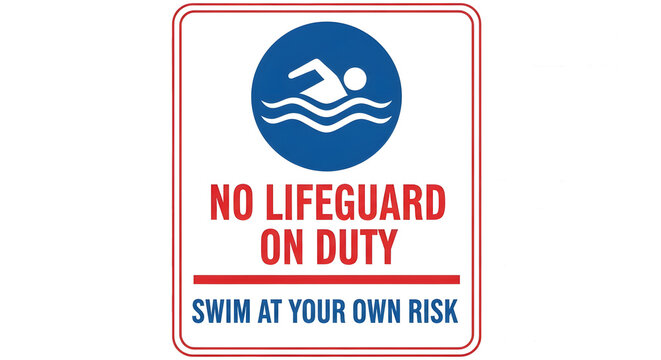 No Lifeguard on Duty Warning Sign on Transparent Background, Swim at Your Own Risk Pool Safety Graphic, Vertical Blue and Red Swimming Warning Sign Illustration, Isolated Lifeguard Absence Safety Sign