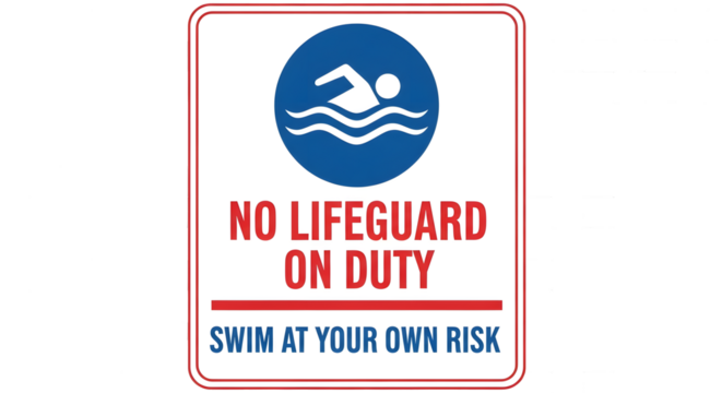 No Lifeguard on Duty Warning Sign on Transparent Background, Swim at Your Own Risk Pool Safety Graphic, Vertical Blue and Red Swimming Warning Sign Illustration, Isolated Lifeguard Absence Safety Sign